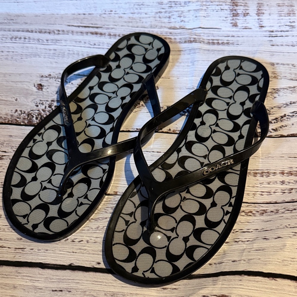 Coach Black Jelly Flip Flop Sandals with Signature Monogram